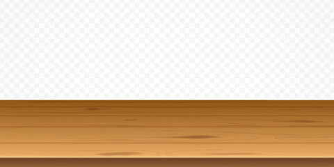 Naklejka premium Realistic wooden table. Wood tables top surface, kitchen shelf plank texture counter rustic desk brown board foreground background mockup template 3d isolated vector illustration