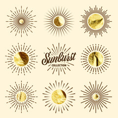 Vintage sunburst, sunset beams. Gold foil, shiny handmade circles. Golden glittering texture, pattern. Hand drawn bursting sun, light rays. Logotype or lettering, retro style. Vector illustration