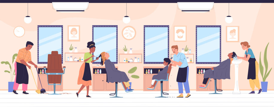 Clients in hairdresser salon. Hairstylist working cut people on chair at mirror, barbershop haircut service saloon interior haircutter happy customers