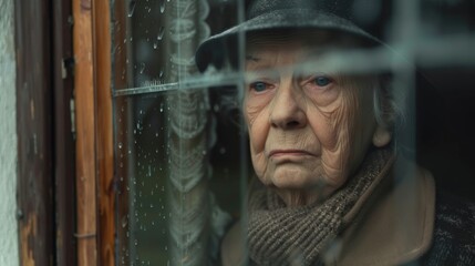 Fototapeta premium Elderly woman in hat looking through rainy window
