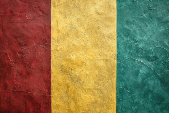 The guinean flag proudly displayed on a textured wall, symbolizing identity and independence with red, yellow, and green colors. Rich culture showcased in this african flag illustration