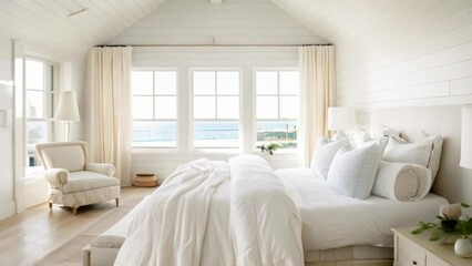 White coastal cottage bedroom decor, interior design and home decor, bed with elegant bedding and bespoke furniture, English country house and holiday rental style