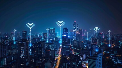 Obraz premium A modern cityscape with a wireless network connection, representing the concept of connection technology