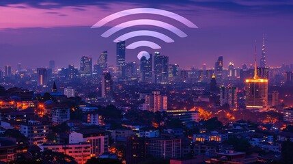 A modern cityscape with a wireless network connection, representing the concept of connection technology