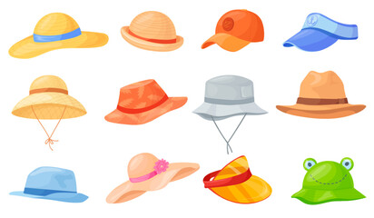 Cartoon summer headgears. Headwear accessories man woman unisex hats types, beach straw hat baseball visor cap panama wear sun vacation holiday, neat caps set vector illustration