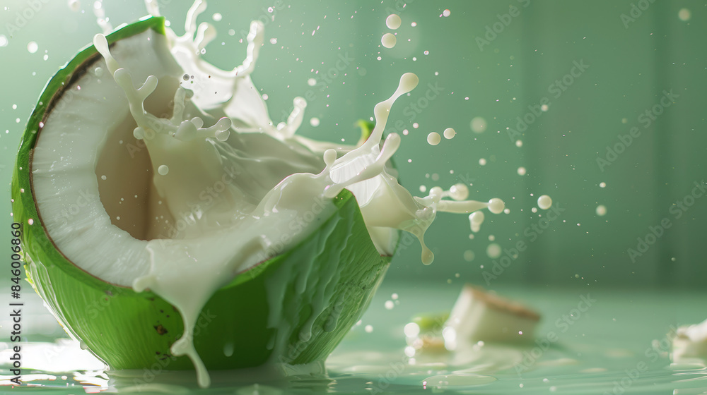 Poster green coconut splashing its milk with a green background creating a refreshing and tropical atmosphe