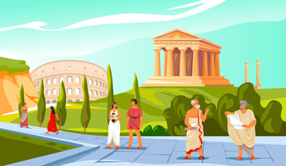 Roman citizen. Greek or ancient rome empire civilization people in toga costume clothes, patrician society historical characters at temple architecture, recent vector illustration