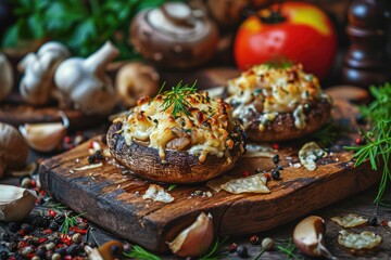 Baked Champignons, Stuffed Mushrooms Caps with Cheese, Garlic and Herbs, Baked Champignons