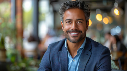 Fototapeta premium attractive indian bank agent in a suit, sitting and talking in an office to some clients in a bank,generative ai