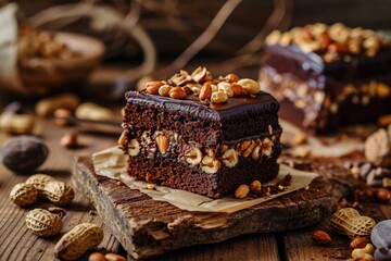 German chocolate cake. Nut brounie piece, Homemade square chocolate peanuts cake