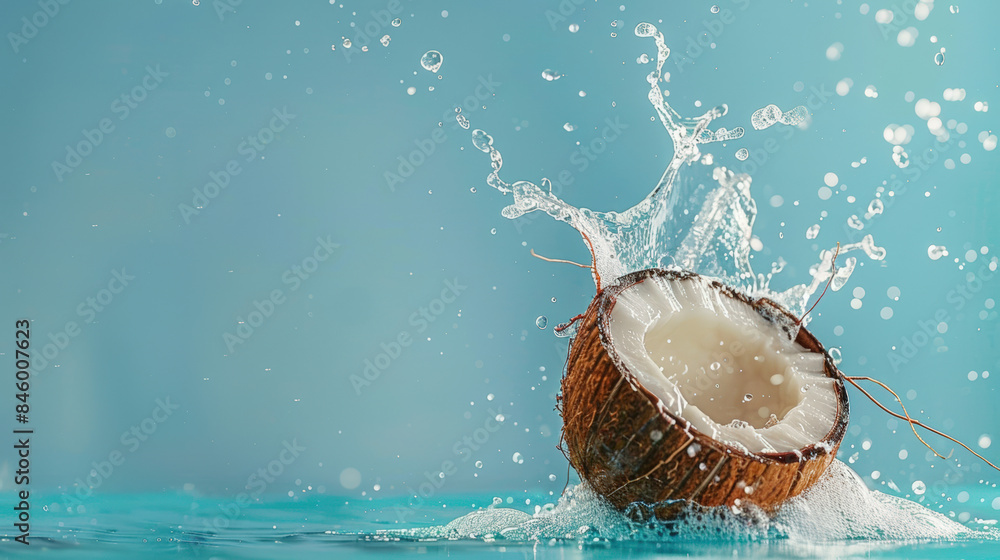 Poster coconut splashing into water creating a refreshing crown of water drops on a blue background with co