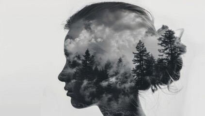 Monochrome double exposure of woman and forest landscape