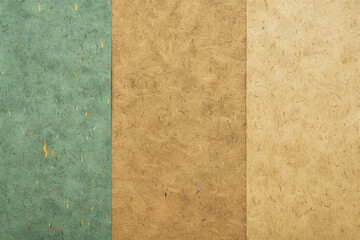 Three different colors of handmade paper are laying side by side showing the grain and fibers of the paper making process