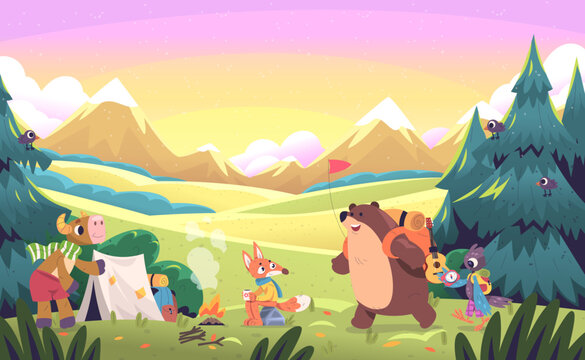 Animals forest hiking. Cartoon animal camper characters hike summer camping scene cute bear character nature adventure woodland forests