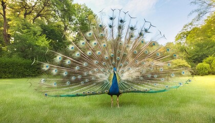Obraz premium animal bird avian concept isolated on white background of a beautiful Indian peacock - Pavo cristatus - with tail feathers spread on display with copy space