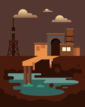 The water is a dark murky brown evidence of the reservoirs overfilling with industrial waste.. Vector illustration