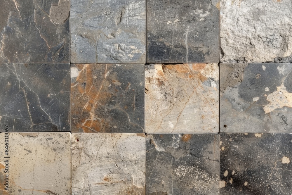 Poster closeup of a wall with a pattern of square marble tiles, showing a variety of natural textures and c