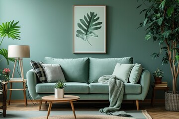 Stylish interior design of living room with modern mint sofa, wooden console, cube, coffee table, lamp, plant, mock up poster frame, pillows, plaid, decoration and elegant accessories in home decor