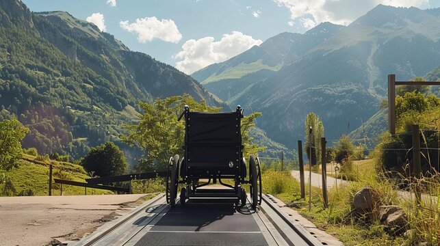 A black electric lift vehicle specialized for people with disabilities, with an empty wheelchair on a ramp and nature with mountains in the background