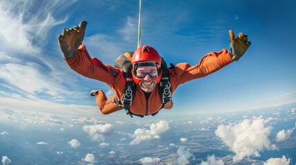 A man in an orange jumpsuit is flying through the air. He is smiling and he is enjoying the experience