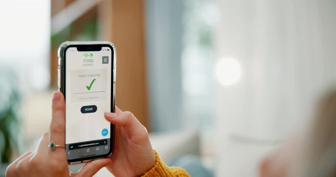 Woman, hands and phone screen with menu for online shopping, browsing or food checkout at home. Closeup of female person or shopper with takeout checklist, website or ecommerce for meal or order