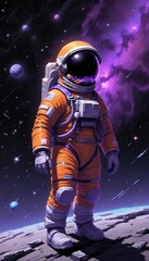 Fototapeta premium Astronaut in space with stars, a galaxy, a purple and blue nebula, and galaxies reflected in his helmet