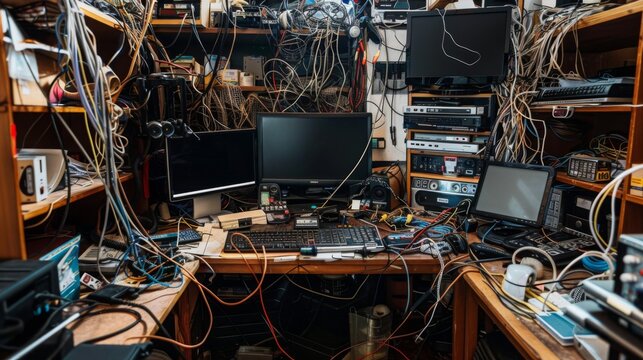 A messy computer desk with cords and wires running everywhere. The desk is covered in electronics, including monitors, a keyboard, and a mouse.