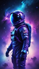 Fototapeta premium Astronaut in space with stars, a galaxy, a purple and blue nebula, and galaxies reflected in his helmet