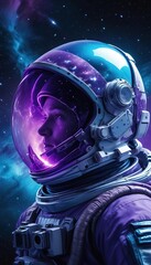 Astronaut in space with stars, a galaxy, a purple and blue nebula, and galaxies reflected in his helmet