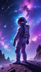 Fototapeta premium Astronaut in space with stars, a galaxy, a purple and blue nebula, and galaxies reflected in his helmet