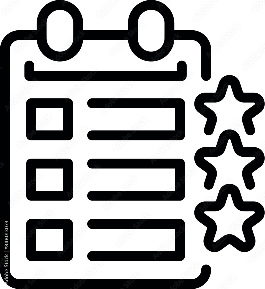 Poster line art icon of a clipboard with a checklist and three stars for representing a customer satisfacti