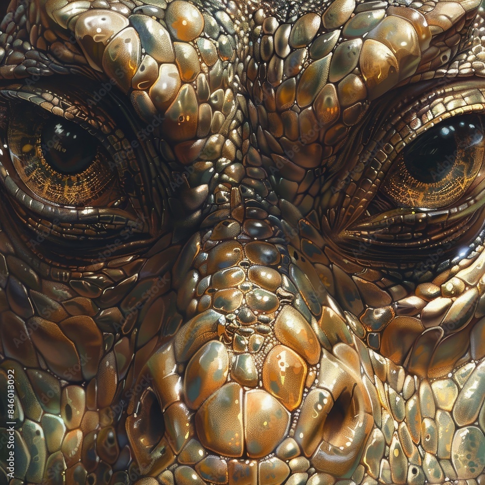 Poster close-up view of a lizard showcasing intricate scales and detailed eye features in a natural setting