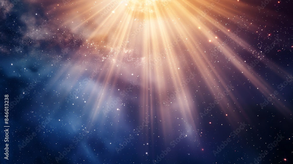 Poster sun rays breaking through space with starry background