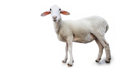 Fototapeta premium Animal concept isolated on white background of a white barbados sheep lamb - Ovis aries - with copy space representing equality or following others