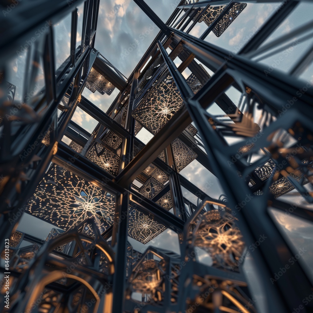 Poster intricate geometric architecture observed from below showcasing modern design elements and artistic 