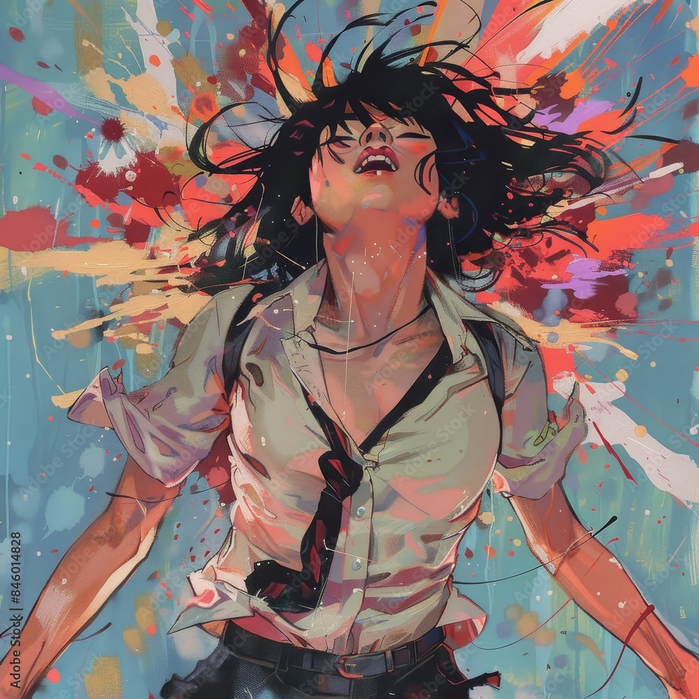 Poster expressive girl in dynamic pose surrounded by colorful splashes of paint