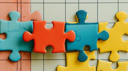Four puzzle pieces being assembled on a gridded background
