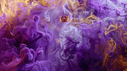 A chaotic mix of purple and gold smoke, featuring a 3D crown floating majestically amidst the swirls