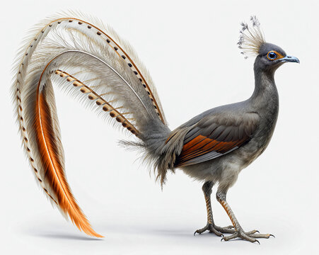 A lyrebird with elaborate, curved tail feathers and a crown-like crest. Its unique feather pattern and intricate details are captured against a clean, white background.