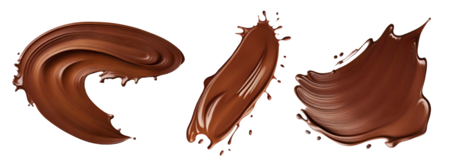Conjunto de manchas de chocolate liquido derramados. Grupo de chocolates derretidos em fundo transparente, sem fundo.