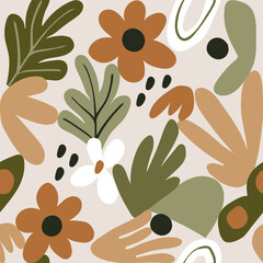 Seamless vector pattern with abstract shapes and organic cut-out elements in a muted natural palette. Various flowers and leaves in a Matisse style.