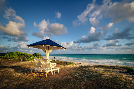 Gazabo on the beach at sunrise in Trelawny, Jamaica.