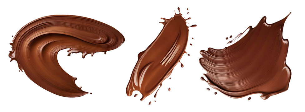 Conjunto de manchas de chocolate liquido derramados. Grupo de chocolates derretidos em fundo transparente, sem fundo.