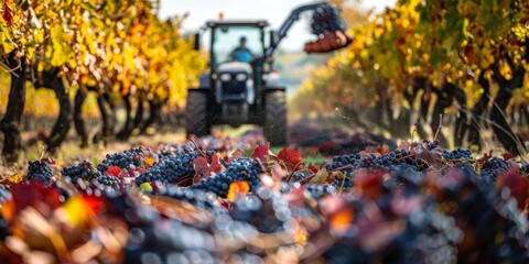 Tractor harvesting grapes in autumn vineyard