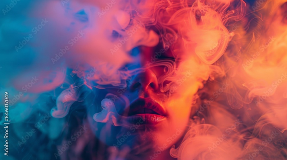 Poster whimsical shapes and patterns emerge from a cloud of fluorescent smoke in this enigmatic and playful