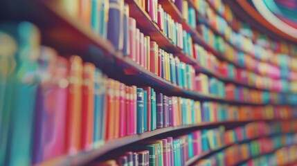 Colorful bookshelves in modern library with blurred perspective, showcasing vibrant book spines, abstract literary background, education and knowledge concepts, suitable for academic or library themes