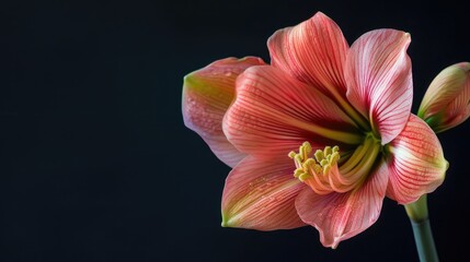 Pink and yellow flower in close up against a dark backdrop