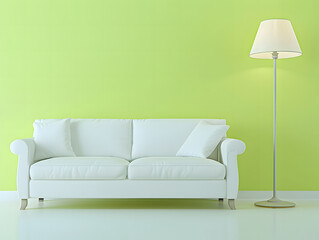 Interior room with white sofa and floor lamp in front of light green background