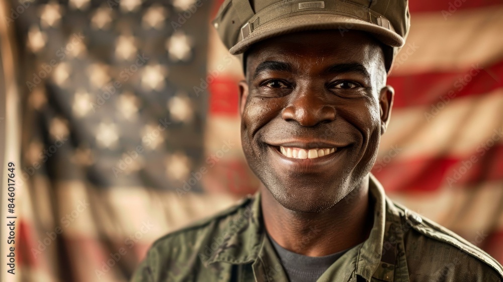 Wall mural joyful african american soldier smiling in uniform with blurred american flag background. - Wall murals