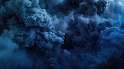 A dramatic interplay of sapphire blue and jet black smoke, evoking a stormy night sky